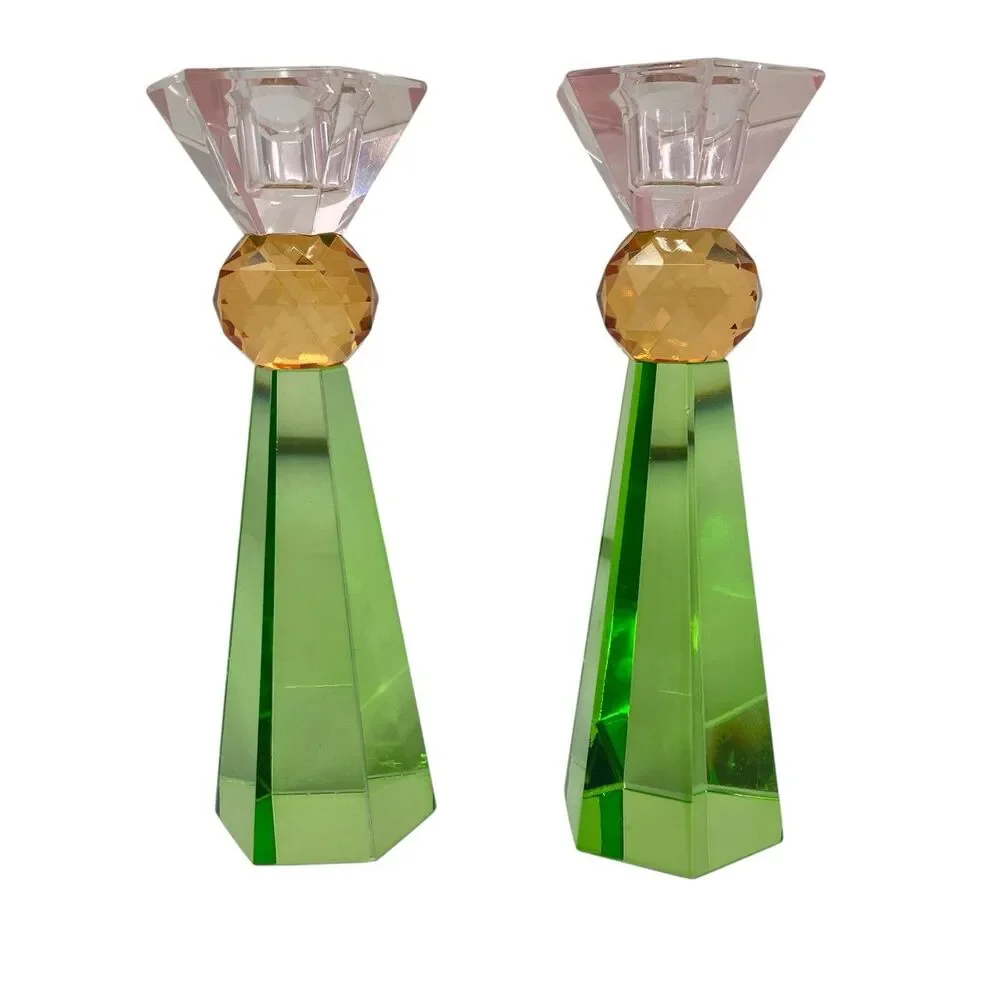 ALDI Kirkton House Glass Candle Holders Set of 2‎ Green Pink Faceted Sparkle